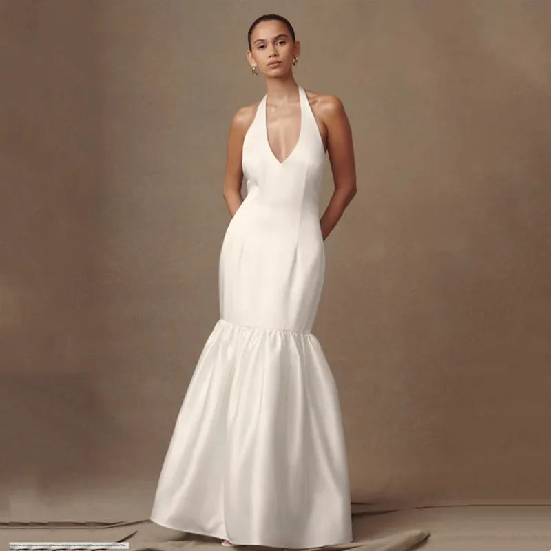 

Simple Ivory Satin Mermaid 2025 Wedding Dress Sexy Backless Halter Neck Sleeveless Gowns Floor-Length Formal Party Customized