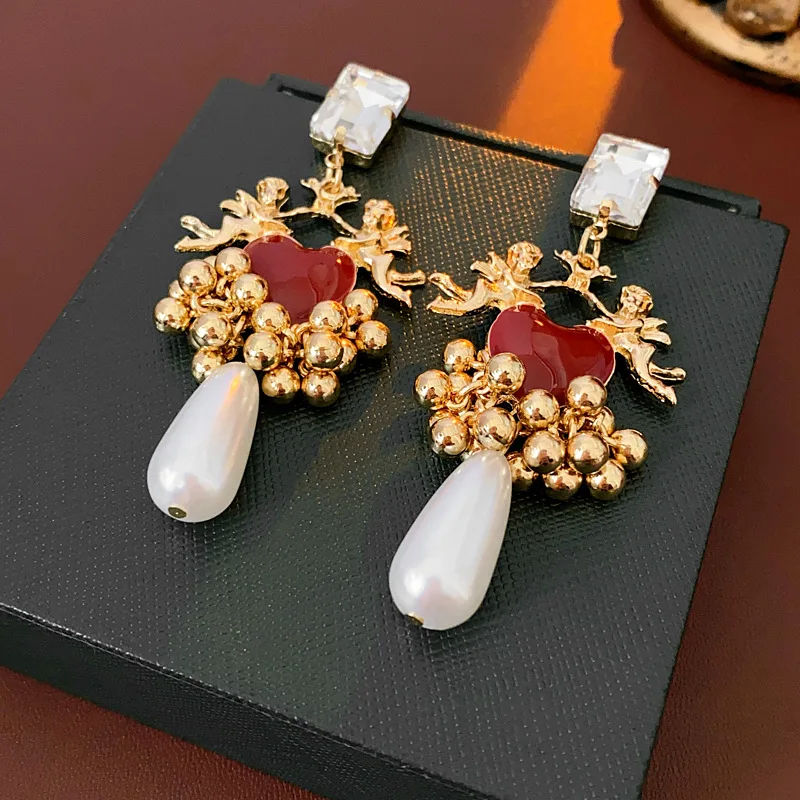 Vintage Silver Needle Drop Oil Love Earrings for Women Vintage Light Luxury Beads Tassel Drop Earring Luxury Designer Jewelry