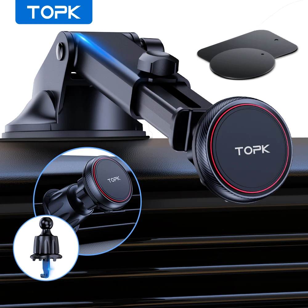 TOPK 2-IN-1 Magnetic Car Phone Mount,N52 Strong Magnet Dashboard & Air Vent Car Phone Holder with Adjustable Telescopic Arm