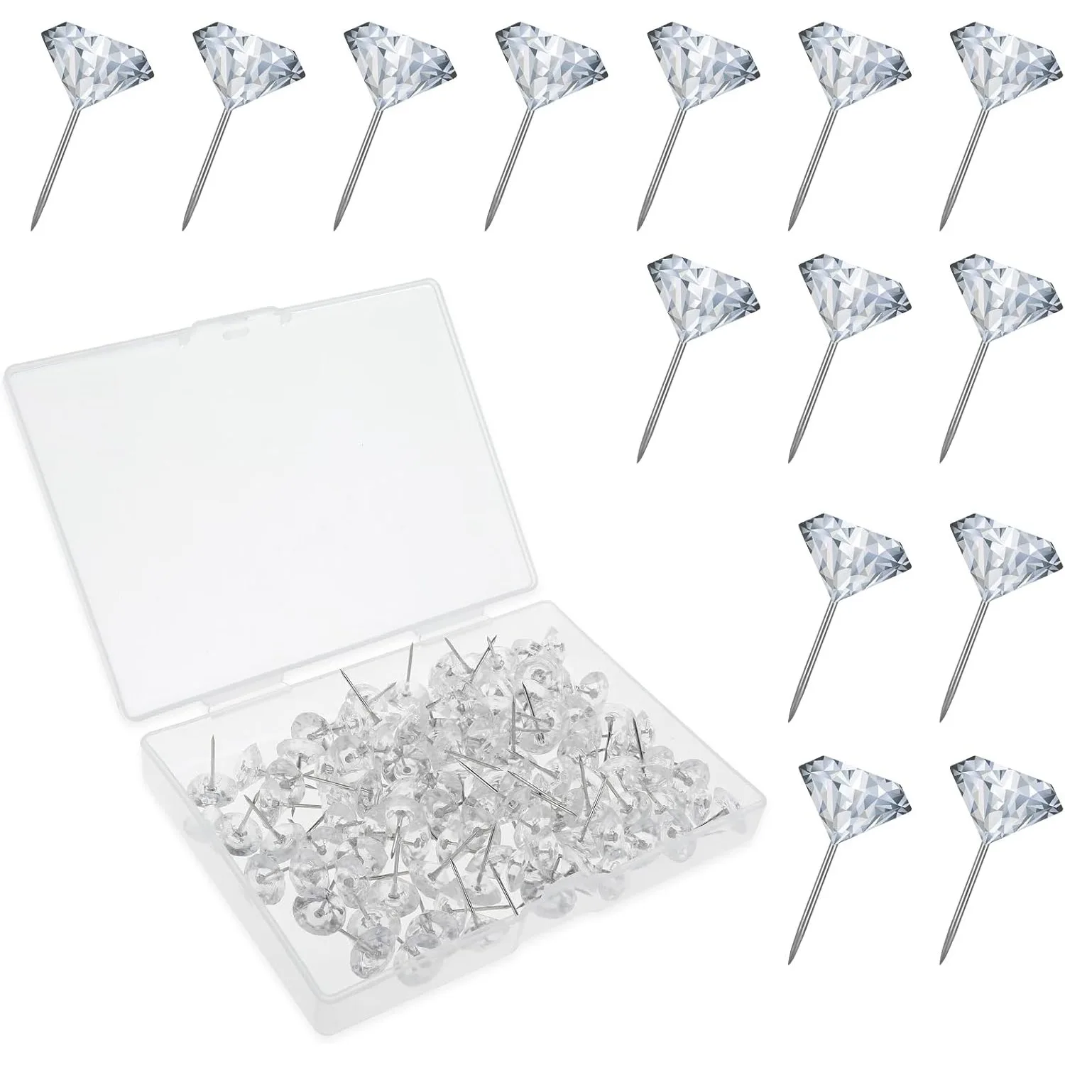 100Pcs diamond thumbtacks, transparent stainless steel thumbtacks, for cork boards, decorative plastic head steel nails