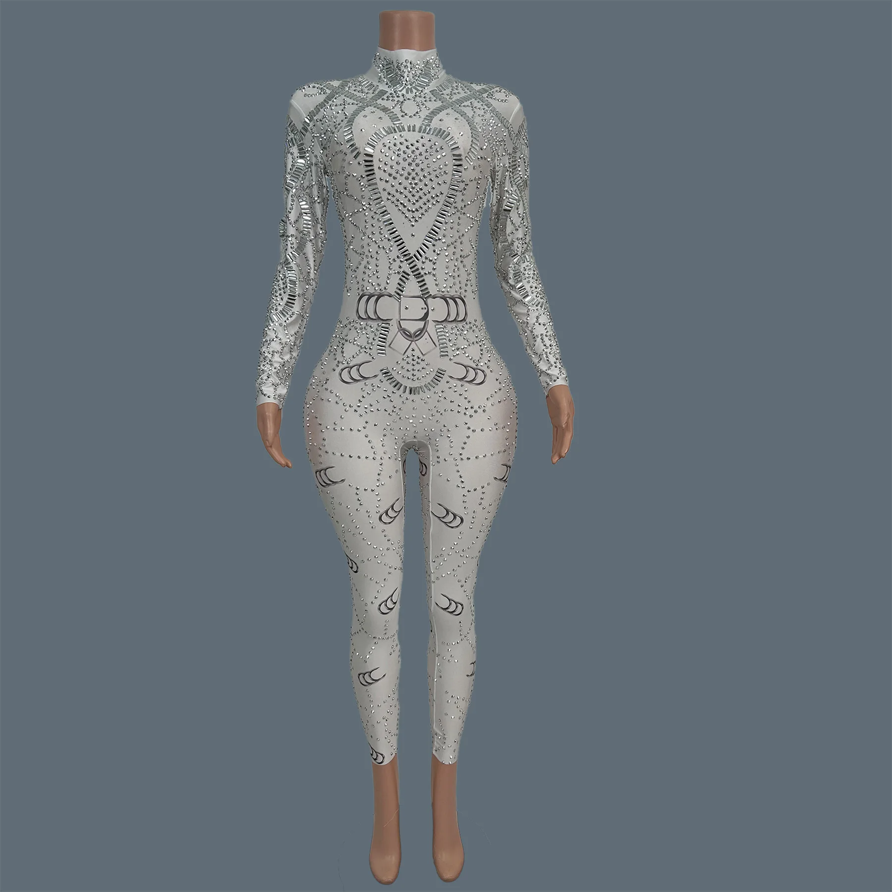 Women Tight Fitting Sparkly Jumpsuit Rhinestone Night Club Party Dance Stage Outfit Sexy Spandex Elastic Sxey Costume Baihuan