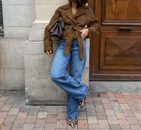 Vintage Brown Women's Autumn Jacket Suede Suit Collar Casual Double Breasted Jacket 2025 Fashion New Product Frosted Velvet Coat