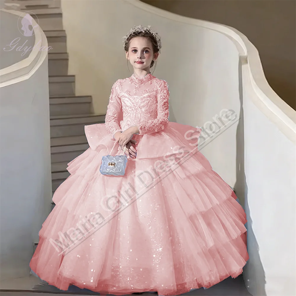 Pink Girls Evening Dress Wedding Kids Party Gown Piano Performance Gown Formal Birthday First Communion Event Photography