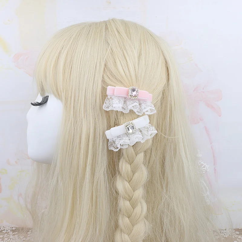 القوس خمر مع الدانتيل 1 زوج لوليتا أغطية الرأس الحلو لطيف المخملية حجر الراين إكسسوارات الشعر y2k اكسسوارات لفتاة دبوس الشعر