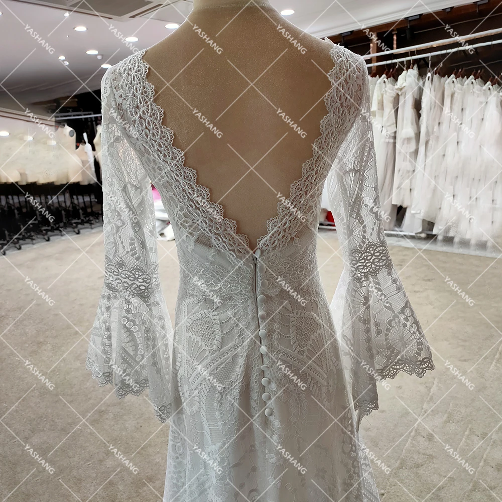 Vestido de novia bohemio elegante con mangas acampanadas, encaje, cuello de ilusión de barco, vaina sin espalda personalizada, fotos reales, vestidos de novia, 3/4