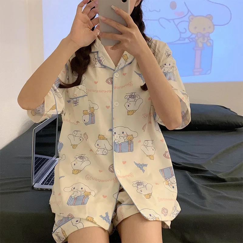 Sanrio Hello Kitty Cinnamoroll Pajamas New Summer T Shirt Shorts 2Pcs Homewear Kawaii Casual Polyester Soft Women Sleepwear Set