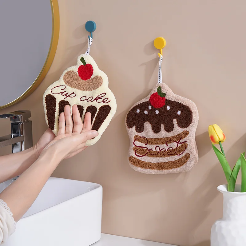 Coral Fleece Hand Towel Cherry Cake, Super Absorbent Hanging Kitchen Towel for Hands Dishes Surfaces Quick-Dry Odor-Resistant