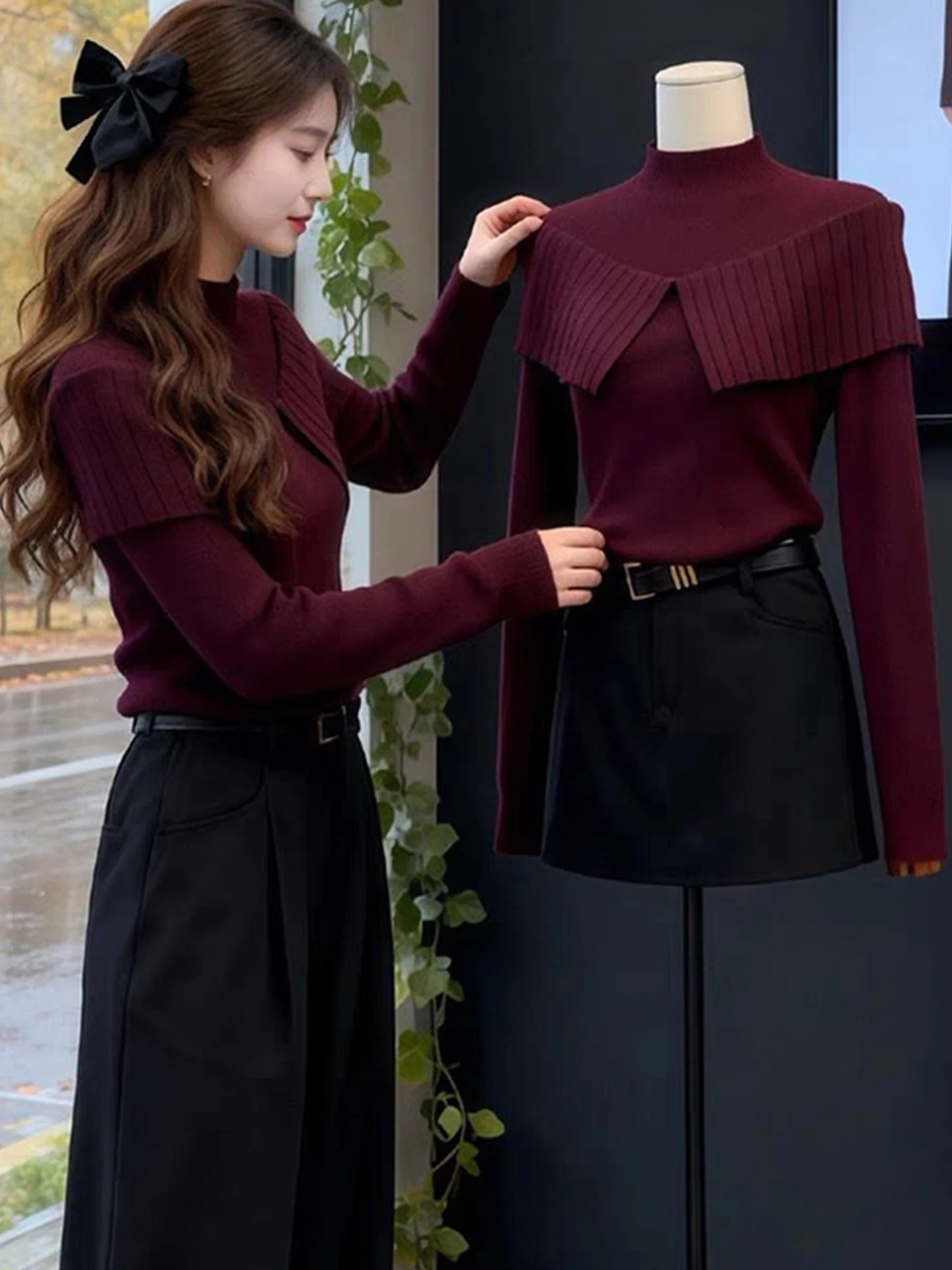 

Chic Versatile Slimming Cherry Red Camere Knitwear Long Sve Women's Base irt Commute Sle Korean Fit Pure Color