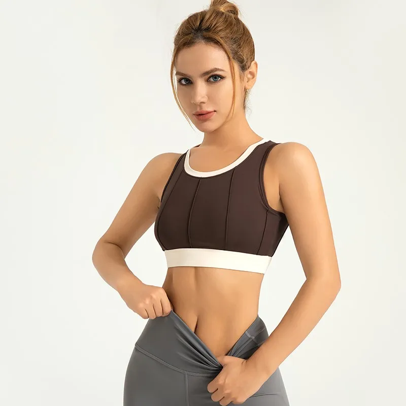 Female Jogging Leisure High Elasticity Vertical Striped Bra Built In Chest Pad Yoga Fitness Underwear Color Block Edge Gym Bra