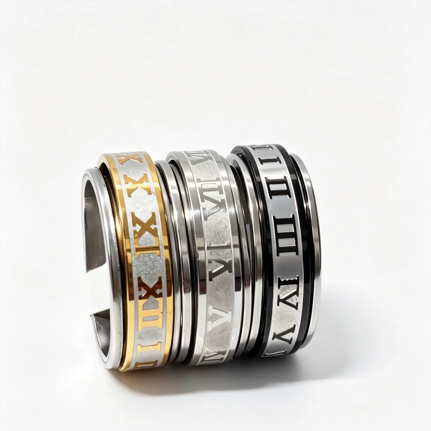 36pcs Wholesale Spinner Roman Numeral Wide Band Stainless Steel Rings Mixed Color Bulk Lot for Resellers