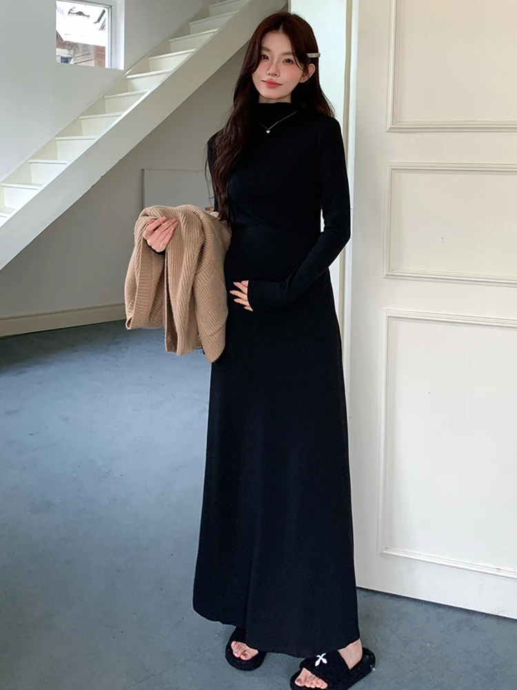 2024 Autumn Maternity Dress For Pregnancy Women Fashionable Long Black Knit Dress +  Thick Sweater Coat Elegant High-neck Dress