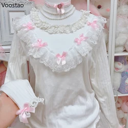 Vintage Sweet Lolita Style Knitted Pullover Spring Women Cute Lace Ruffles Bow Sweater Autumn Girls Harajuku Knitwear Tops 2024