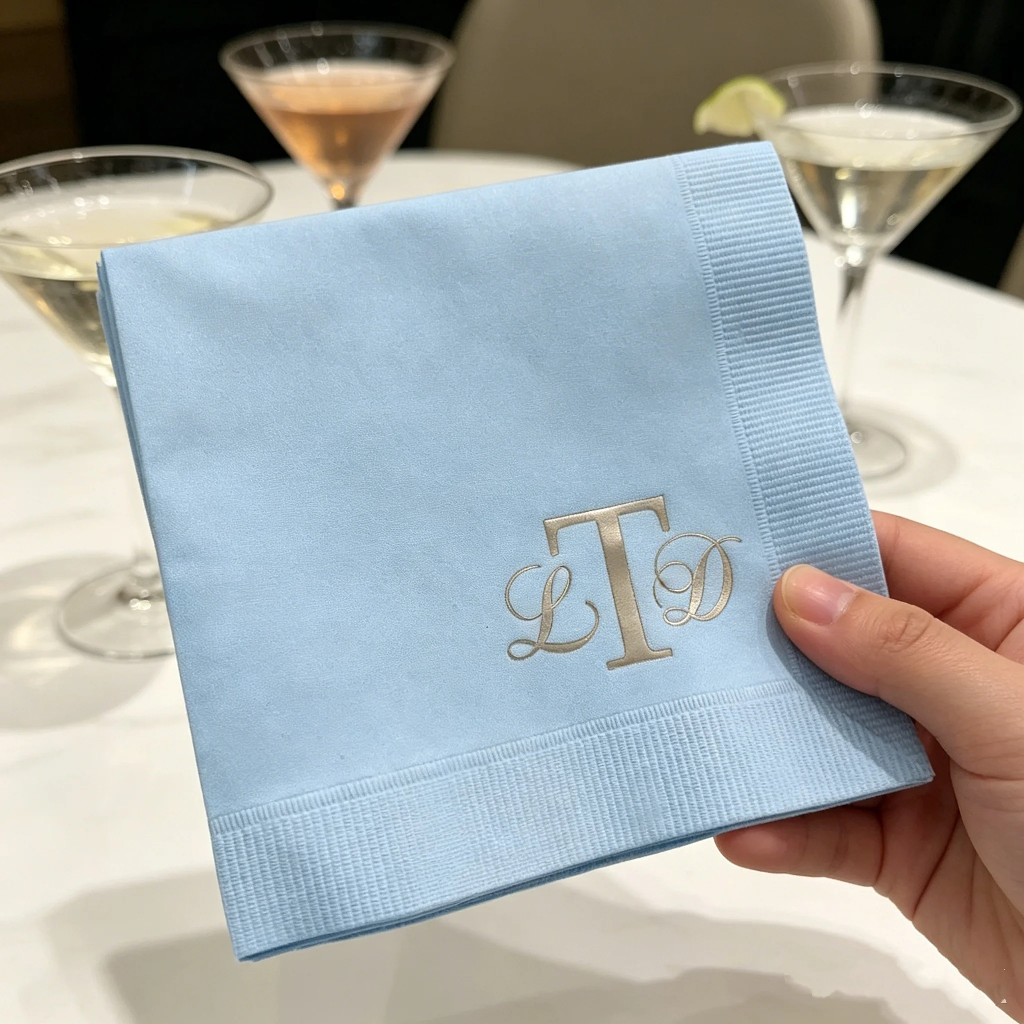 50pcs Personalized Foil Monogram Napkins - Custom Initials Printed Disposable Cocktail Napkins for Wedding Reception, Birthday,