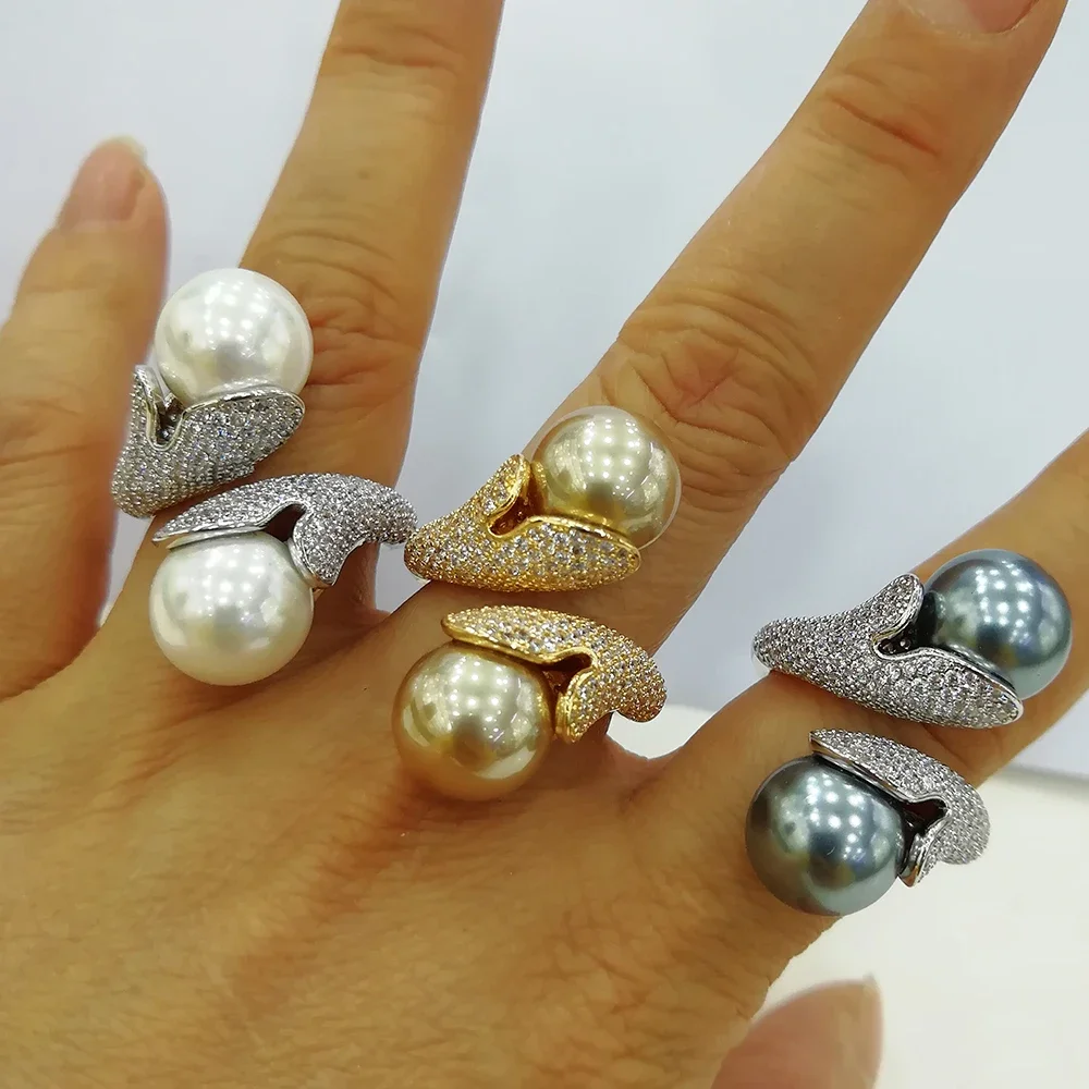 

Missvikki Luxury Big Pearl Statement Rings For Women Wedding Cubic Zirconia Cocktail Finger Rings Bohemian Beach Jewelry GIFT