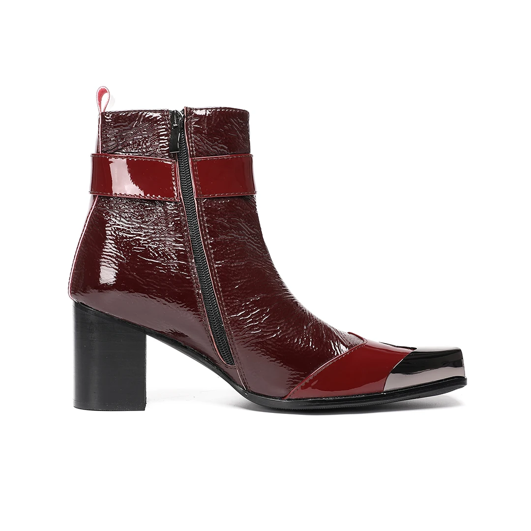 Men Wine Red Metal Square Toe Ankle Boots Block High Heels Belt Buckle Rivet Patent Leather Gothic Punk Fashion Short Boots