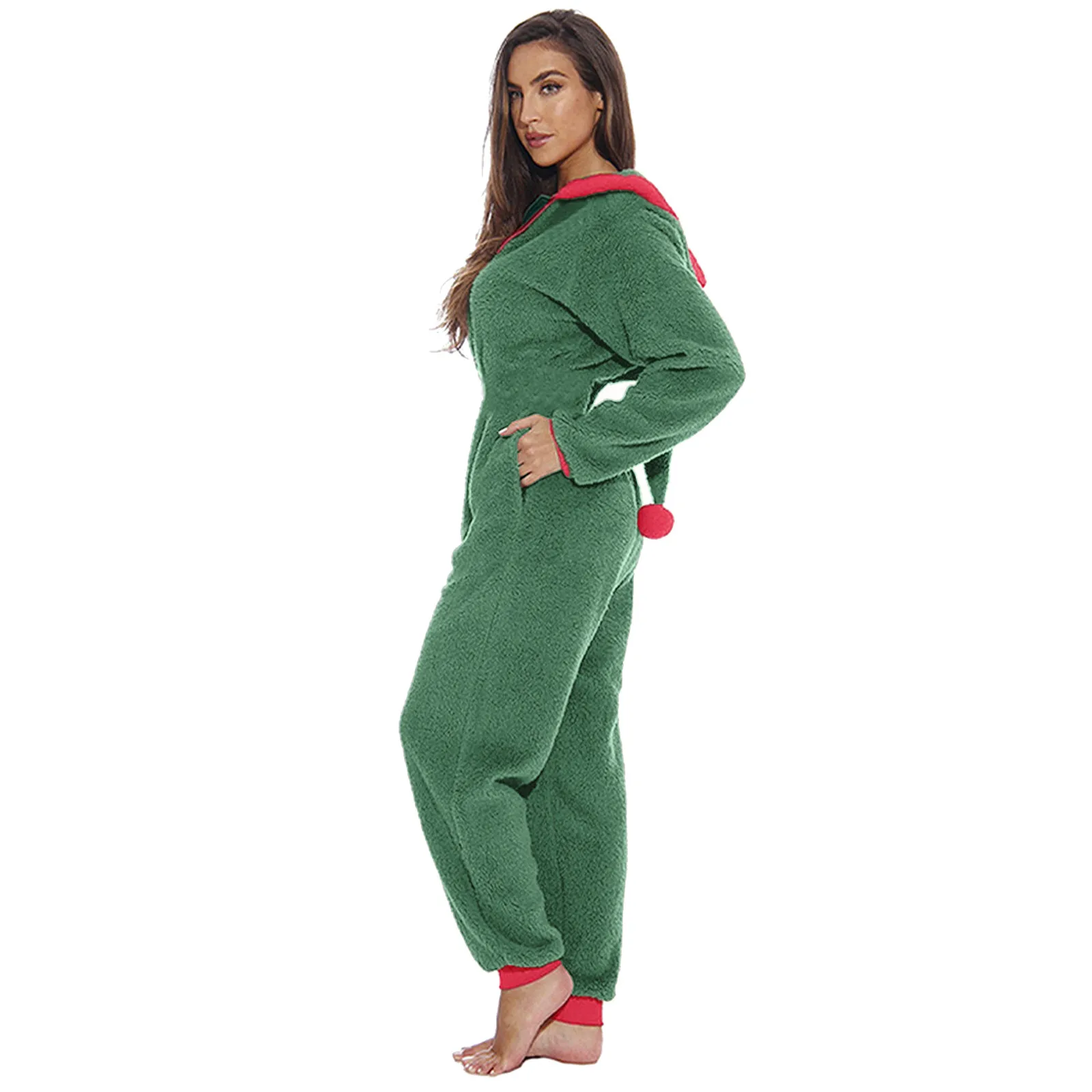 Xmas Long Sleeve Zipper Hooded Rompers Fall Winter Warm Jumpsuits Women Fleece Jumpsuits Christmas Pajamas Santa Sleepwear