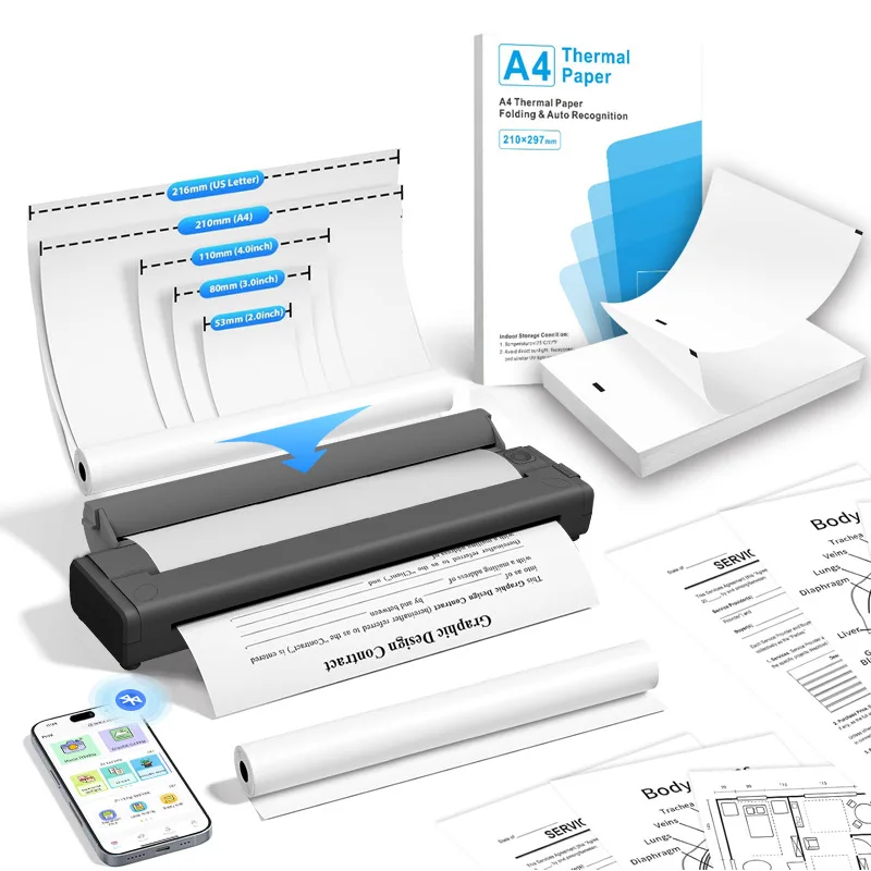 Cross-border A4 portable thermal printer wireless ink-free Bluetooth printer supports various sizes of paper