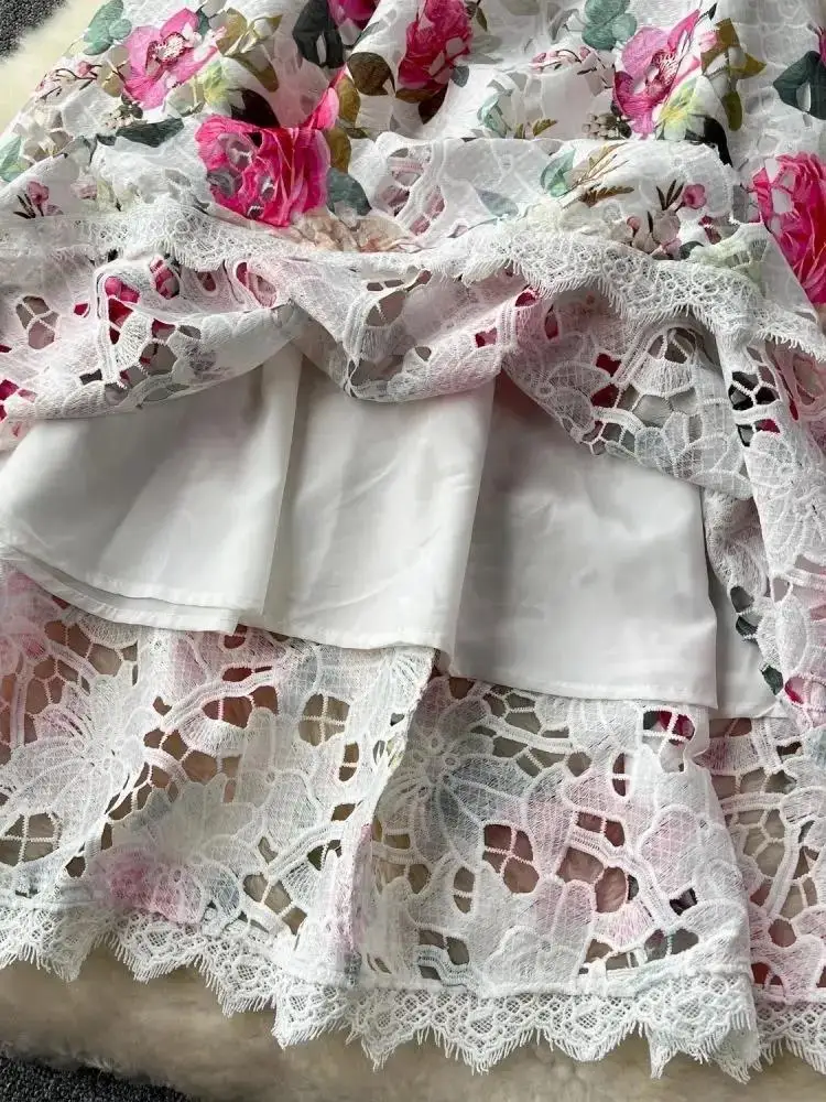Summer Gorgeous Flower Embroidery Hollow Out Lace Dress Women O Neck Short Sleeve Floral Zipper Slim High Waist Holiday Vestidos
