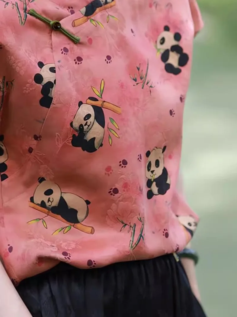 Blusas femininas estilo chinês panda estampa camisas vintage moda slim roupas de verão manga curta tops femininos