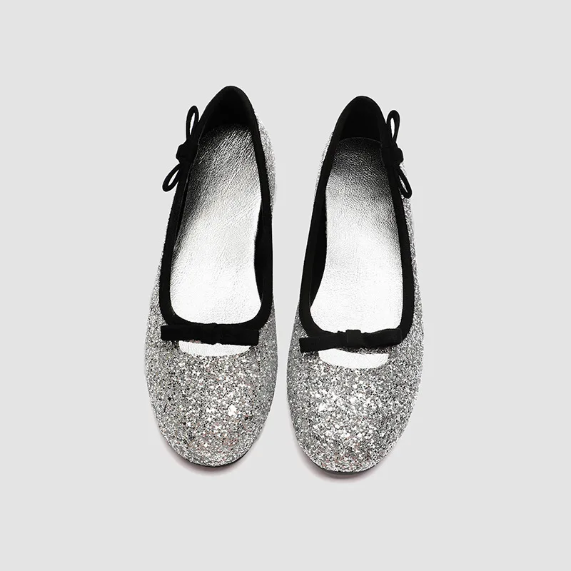 

Flat bottomed single shoe women 2024 spring/summer new item silver bow sweet round toe ballet outer wear French Mary Jane shoes