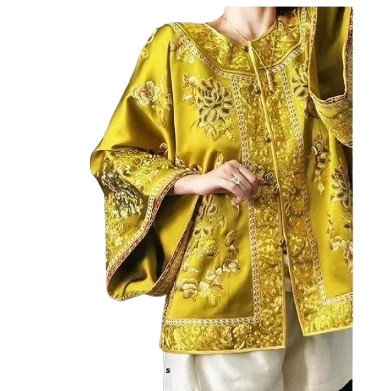 Golden Branch and Jade Leaf New Chinese Vintage Heavy Work Embroidered Gold National Style Jacket for Women New Song Brocade Top