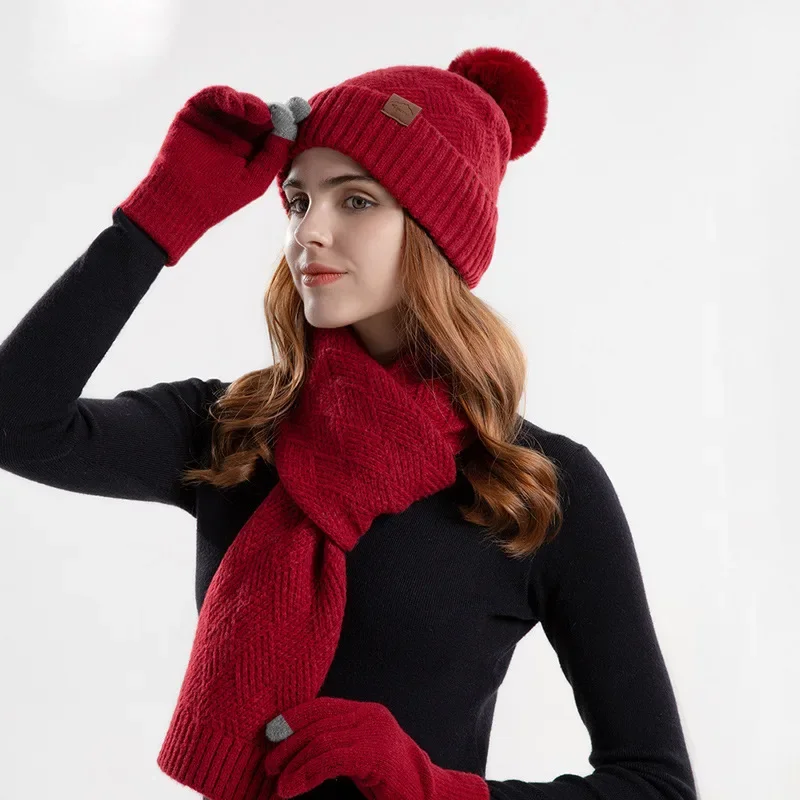 

Winter Three-piece Set Ear Protector Pullover Hat Korean Version Fashion Knitted Wool Hat Women's Warm Hat Scarf Gloves