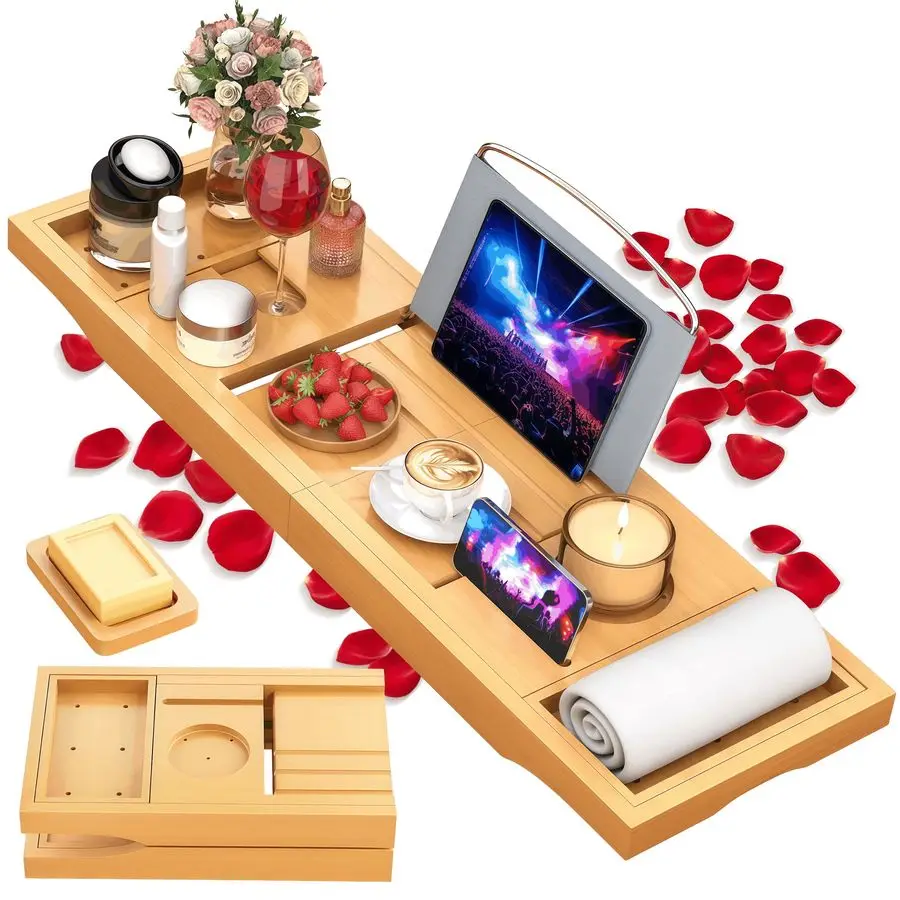 

Bathtub Caddy Tray, Bamboo Bath Tub Tray Table for Tub with Wine Glass Holder Book Phone Tablet Holder with Extending Sides, Adj