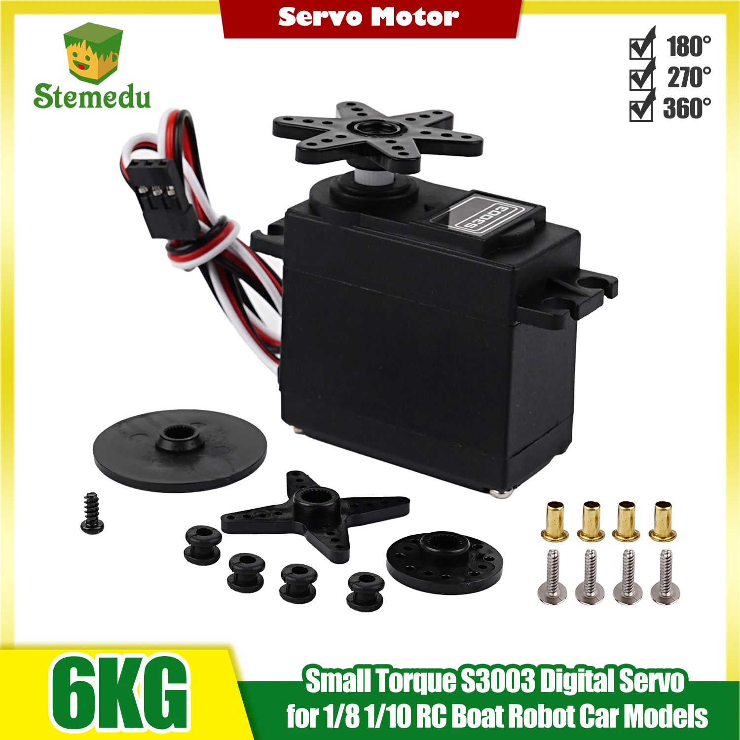 6Kg Standard Digital Servo - 180°/270°/360° 4.8V-6V 25T Spline Small Torque Steering for RC Car/Boat/Helicopter/Robot/Racing