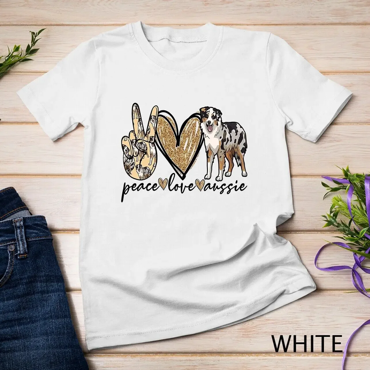 Peace, Love, Aussie, Australian Shepherd Dog, Pets, Animals Unisex T-shirt