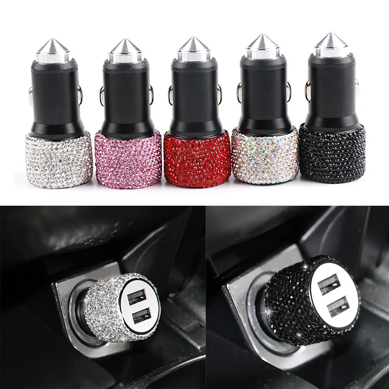 

Diamond-mounted Dual USB Car Charger Multifunction Safety Hammer Fast Charging with Bling Rhinestones Aluminum Alloy Car Charger