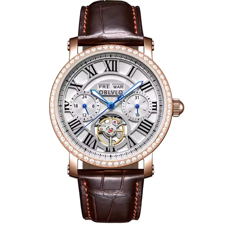 OBLVLO Мужские автоматические часы 42 мм Механические наручные часы Светящийся скелетонизированный циферблат Сапфировый римский номер Месяц, тиждень, дата, 24 часа