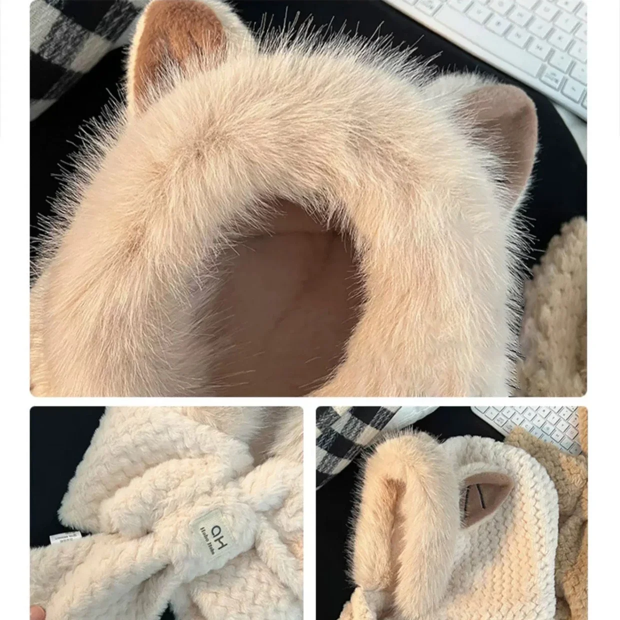 Lovely Beanie Hat Scarf Glove Set Women Faux fur Warm Winter Hats Neck Circle Ski Snow Cap, warm Suede Leather Fur Gloves