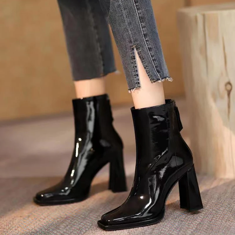 2023 New Autumn Winter Ankle Boots Women High Heel Boots Fashion Thick Heel Short Boots Square Shoes Fashion Black Shoes