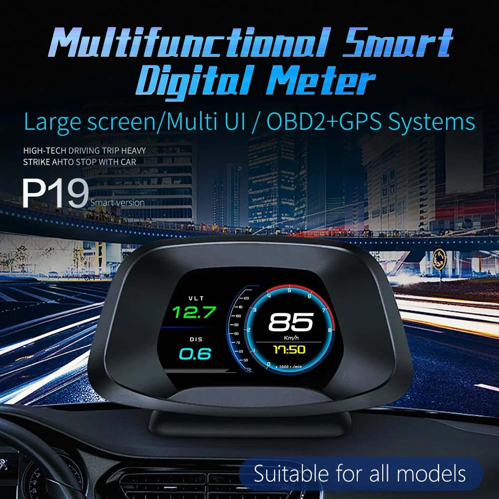 Factory Multi-UI P19 Smart Car HUD OBD2+GPS Dual System Multifunctional Digital Gauge Large Screen With Multi-alarm for all cars