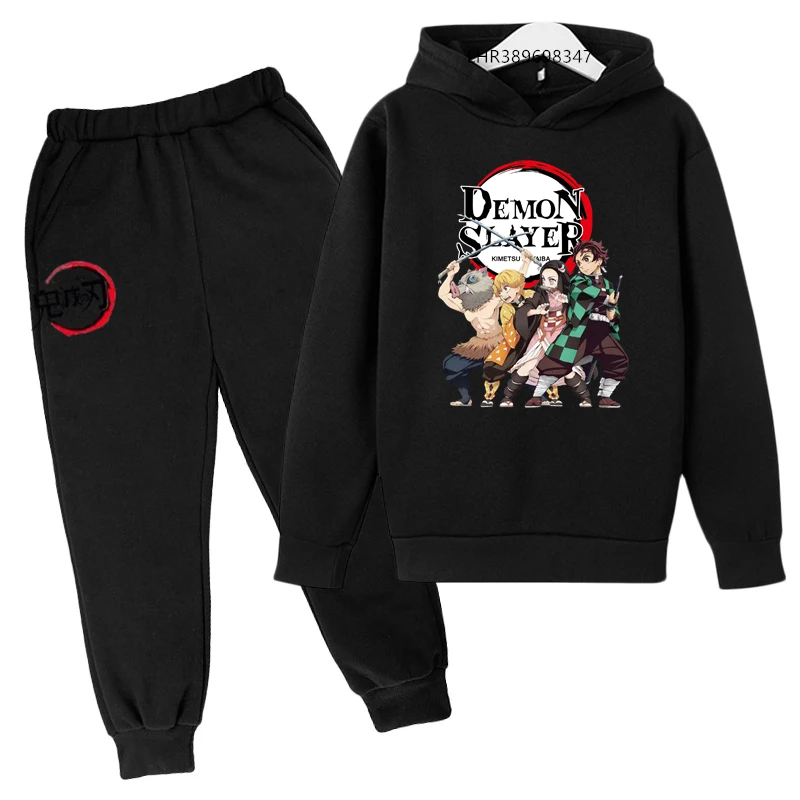 Anime Demon slaying ninja Suitable for children's hooded sweatshirt outerwear pants set autumn winter clothing for boys girls