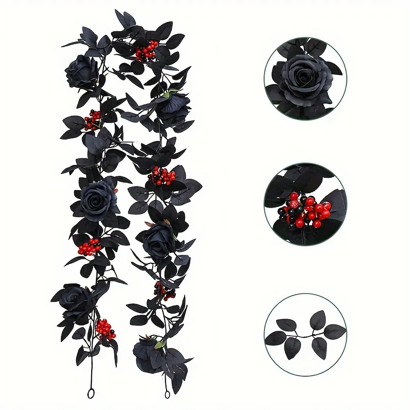 1pc Halloween Artificial Black Rose Eucalyptus Vine Small Red Berries Gypsophila Greenery Garland Faux Eucalyptus Leaves Vine