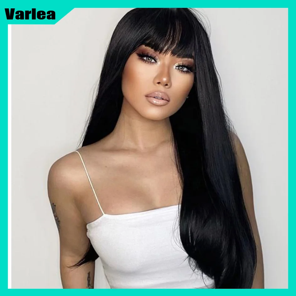 Varlea 200% Density Full Woven With Bangs Wig Straight Wig Black Wig Human Hair Without Lace Wig Short Bob Human Hair Brazilian