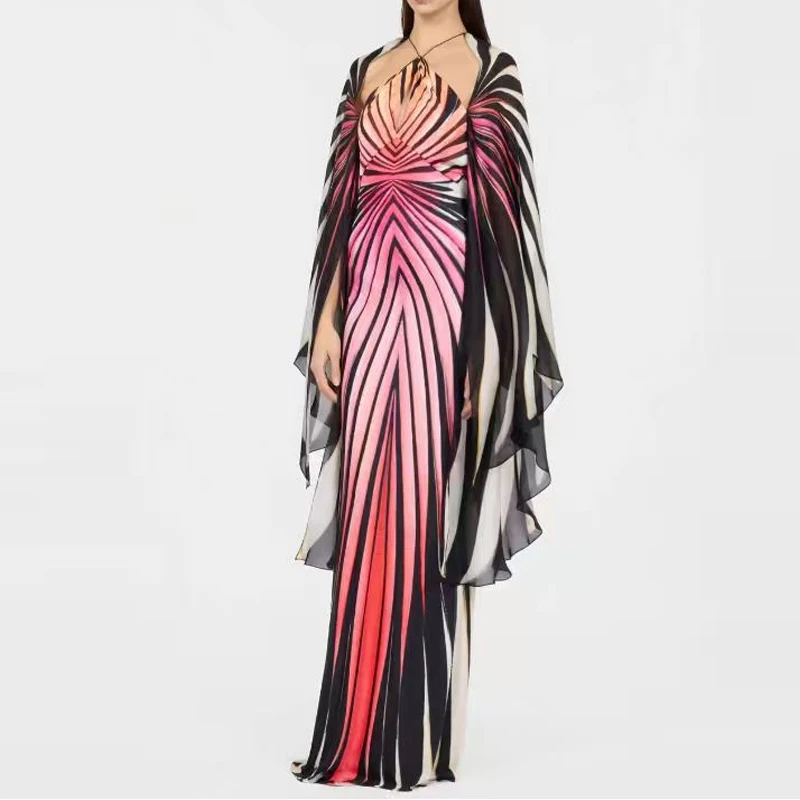 Elegant Gradient Print Women Evening Dress With Shawl New High Waist Halter Dress Fashion Stripe Print Contrast Color Slim Dress