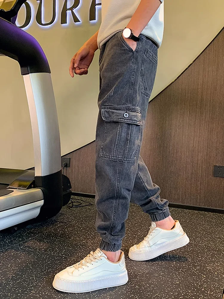 Grey Workwear Jeans Men's Trendy Brand Handsome Autumn New Multi-Pocket Pants Trendy Harajuku Cuffed Pants Youth Popular