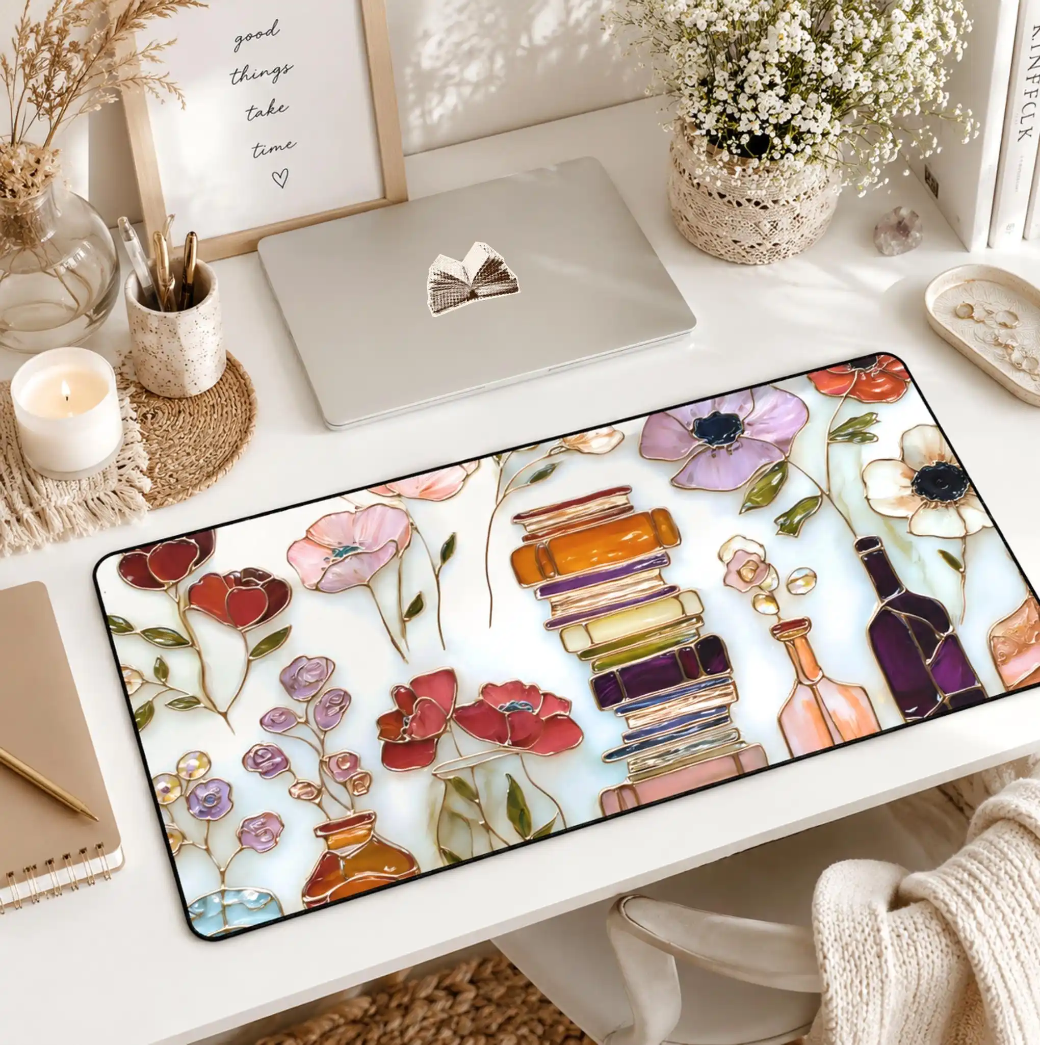 2D Stained Glass Floral Bookshelf Mouse Pad XXL Keyboard DeskMat Non Slip Gamer Carpet Desk decoration Gaming PC accessories