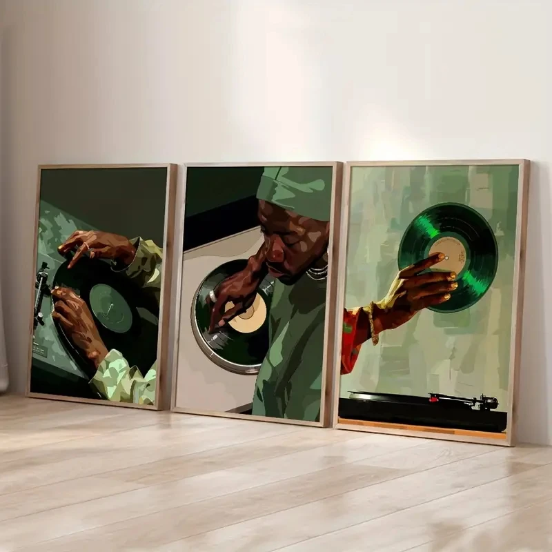 3pcs/Set Black Man DJ Vinyl Record, Trendy Poster, Hip-hop Music Style, Simple and Fashionable Painting, Modern Home Decoration