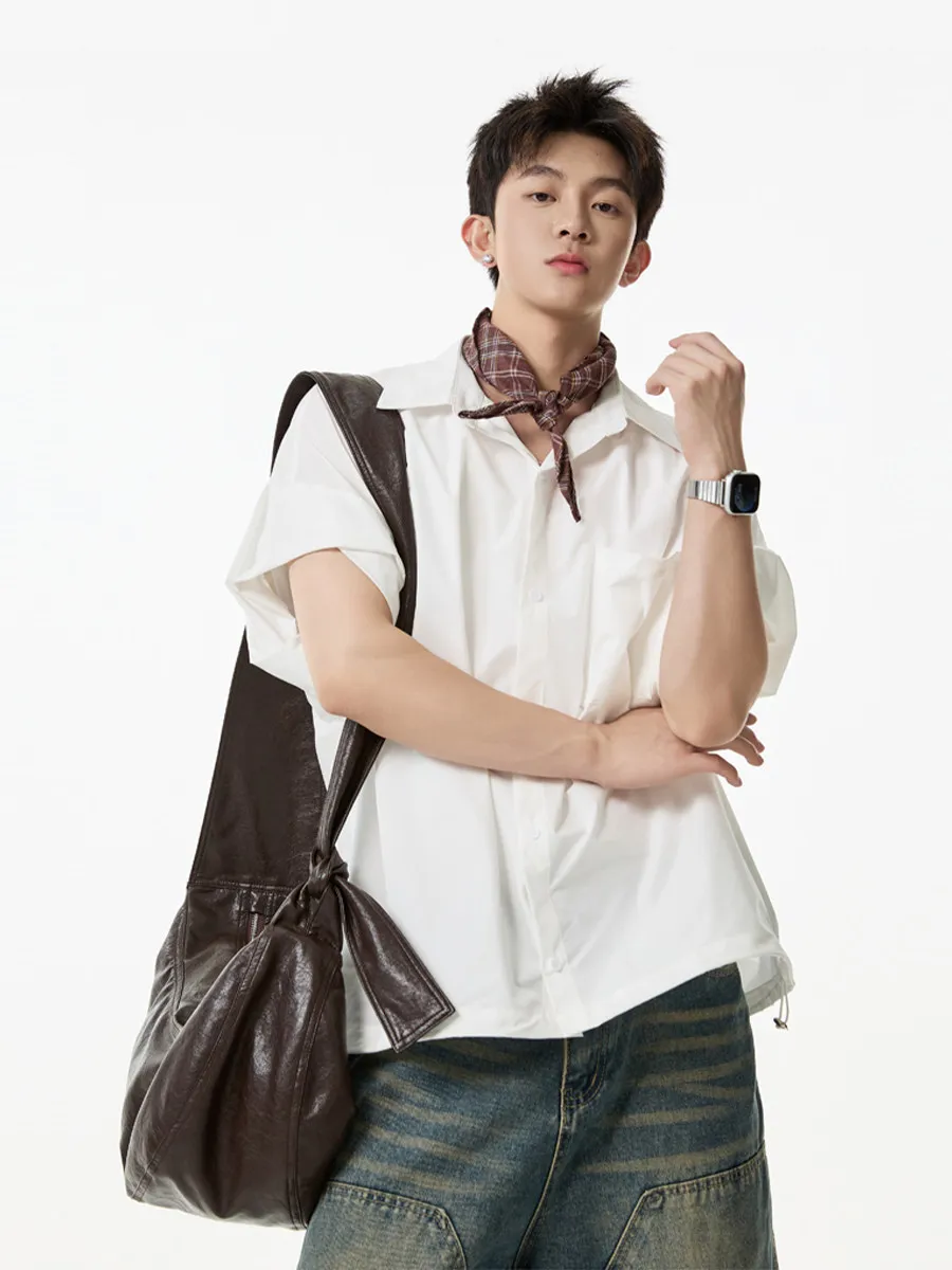 Unisex Workwear Short Sleeve Shirt for Men Women Summer Oversized Drawstring Cinch Hem Solid Cityboy Casual Shacket Top