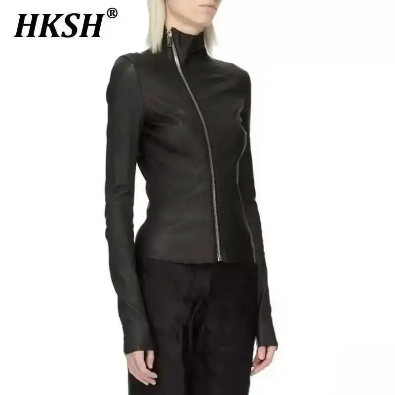 

HKSH Autumn Spring New Women's Tide American Vintgae Fringed Slim Fit Motorcycle PU Leather Jacket Stand Collar Chic Dark H2927