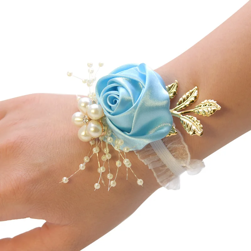 Pulsera de rosa de imitación para dama de honor, ramillete de muñeca para boda, lazo de perlas, regalos nupciales, flores de mano, suministros para fiesta de graduación, cinta de poliéster