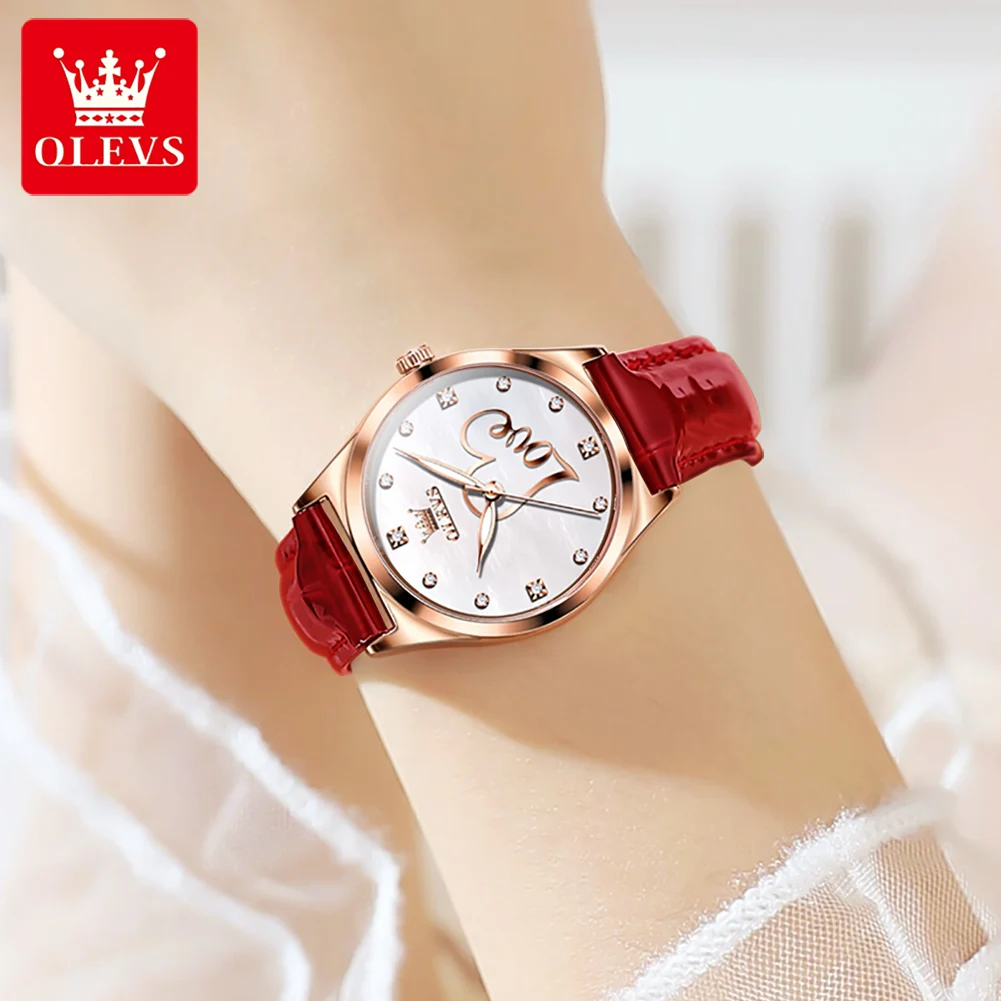 OLEVS-Montre à Quartz en Cuir Rouge pour Femme, Montre-Bracelet Simple, Étanche, à la Mode, 5580