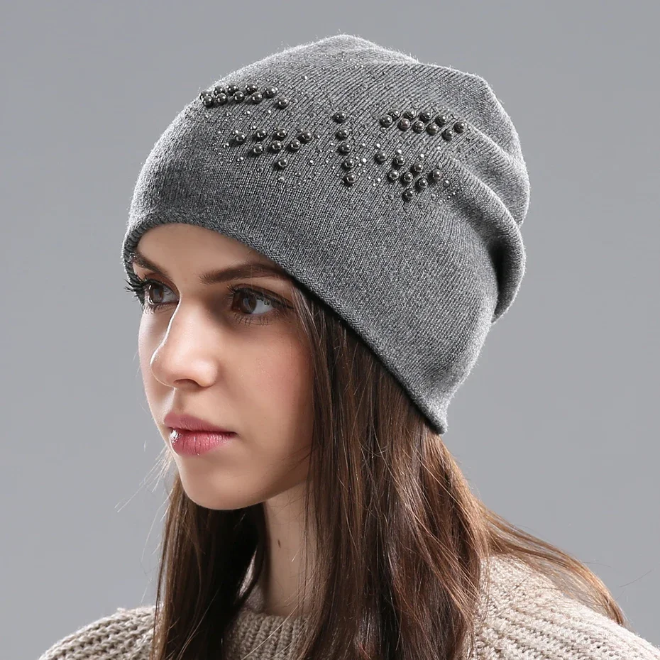 Women Winter Hats Wool Knit Beanie Hat Thick Warm Double Layer Fashion Skull Cap