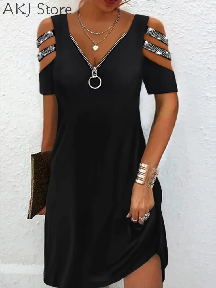 Women Sexy Rhinetone Cutout Cold Shoulder Casual Dress