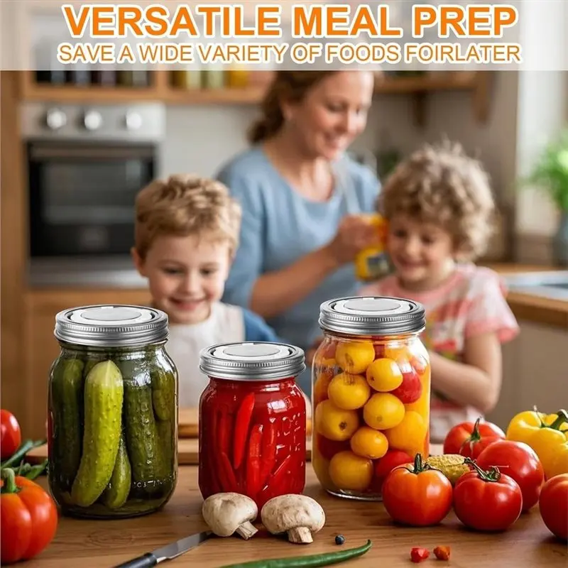 A19F-Metal Canning Lids Leak Proof, 2PCS Stainless Steel Wide Mouth Mason Jar Lids With Rings Reusable Timer Cap