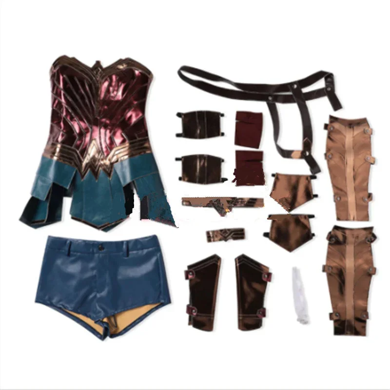 2025 New Anime Wonder Cosplay Costume Cos Woman Dress Diana Adult Brown Top Faux Leather Corset Shorts +Girl Wig Accessories abc