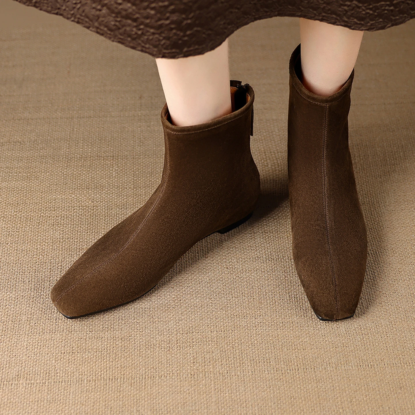 2026 new autumn winter women ankle boots natural leather plus size 22-25cm kid suede square toe low heel back zip short boots
